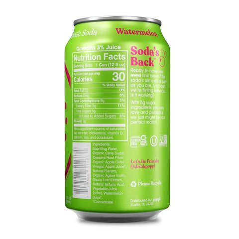 Poppi Sparkling Prebiotic Soda Beverage with Apple Cider Vinegar, Seltzer Water and Fruit Juice, Watermelon Flavor, 12 Fl Oz, 1 Count, Packaging May Vary (Pack of 6)