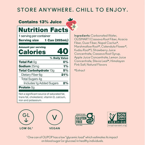 OLIPOP 6g Fiber Prebiotic Soda, Strawberry Vanilla, 12 fl oz, 12 Pack