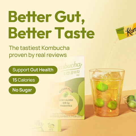 TEAZEN Korean Plum Kombucha Tea, Electrolyte & Hydration Drink Mix, Sugar Free, Live Probiotics & Prebiotics, On-the-Go 30 Packets, 5.29oz