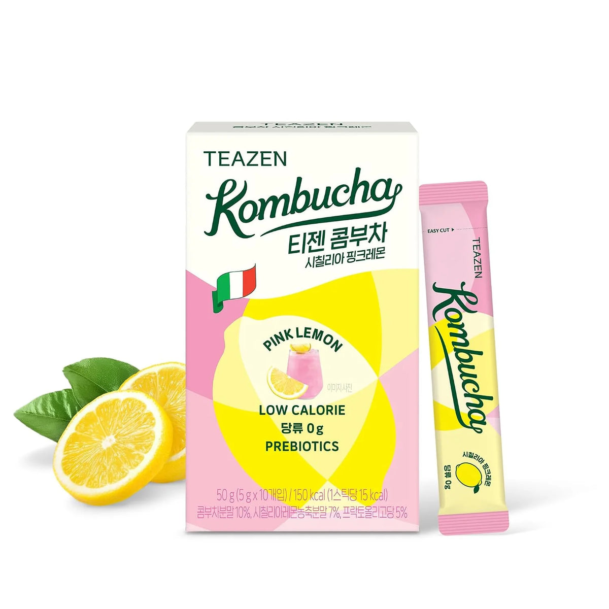 TEAZEN Sicily Pink Lemon Kombucha Powder, Hydration Drink Mix, Sugar Free, Live Probiotics & Prebiotics, On-the-Go 10 Packets, 1.76oz