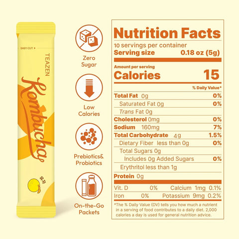 TEAZEN Citron Kombucha Tea, Hydration Drink Mix, Sugar Free, Live Probiotics & Prebiotics, 10 Sticks, 1.76oz