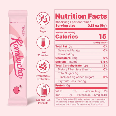 TEAZEN Peach Kombucha Tea, Hydration Drink Mix, Sugar Free, Live Probiotics & Prebiotics, 30 Sticks, 5.29oz