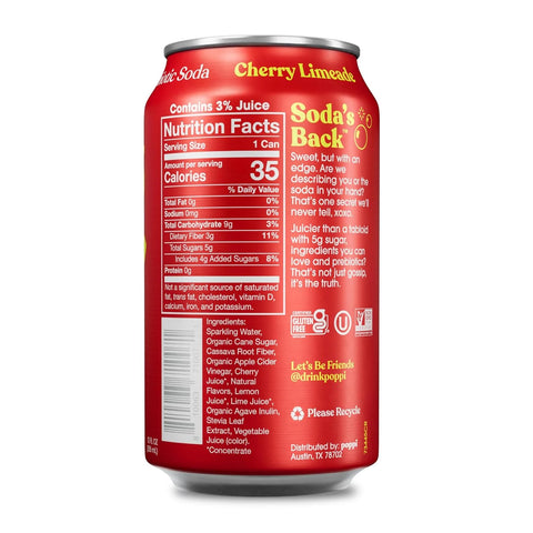 Poppi Sparkling Prebiotic Soda Beverage with Apple Cider Vinegar, Seltzer Water and Fruit Juice, Cherry Limeade Flavor, 12 Fl Oz, 1 Count, Packaging May Vary