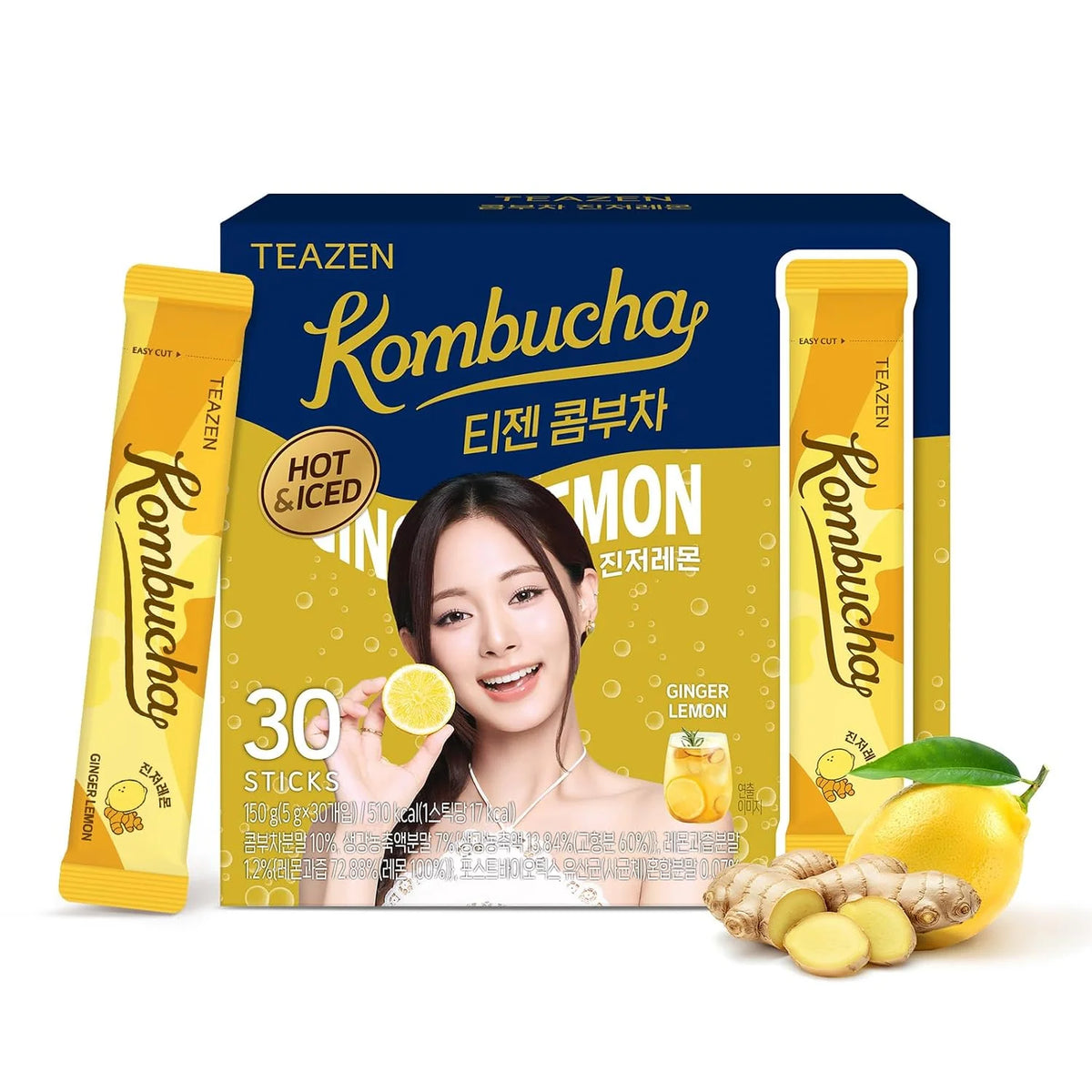 TEAZEN Lemon Ginger Hot Kombucha Tea, Live Probiotics & Postbiotics, Relaxation and Warmth for Colds and Sore Throat, Hydration Drink Mix, Sugar Free, 30 Sticks, 5.29oz