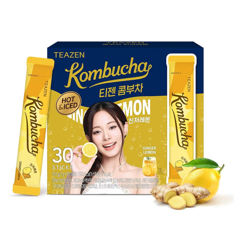 TEAZEN Lemon Ginger Hot Kombucha Tea, Live Probiotics & Postbiotics, Relaxation and Warmth for Colds and Sore Throat, Hydration Drink Mix, Sugar Free, 30 Sticks, 5.29oz