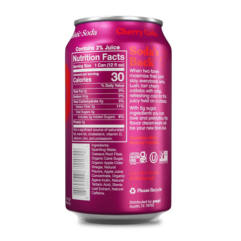 Poppi Sparkling Prebiotic Soda Beverage with Apple Cider Vinegar, Seltzer Water and Fruit Juice, Cherry Cola, 12 Fl Oz, 1 Count, Packaging May Vary