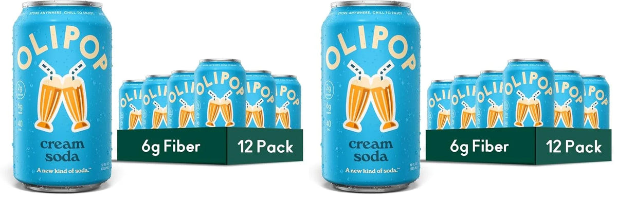 OLIPOP Prebiotic Soda Pop,Cream Soda,Pantry Pack Packed with Prebiotics,Fiber,and Botanicals,Gluten Free,Vegan,GMO Free,12oz,(Pack of 24)