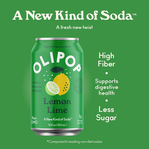 OLIPOP Prebiotic Soda Pop,Lemon Lime,Pantry Pack Packed with Prebiotics,Fiber,and Botanicals,Gluten Free,Vegan,GMO Free,12oz,(Pack of 24)