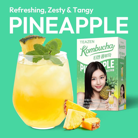 TEAZEN Pineapple Kombucha Powder, Hydration Drink Mix, Sugar Free, Live Probiotics & Prebiotics, On-the-Go 10 Packets, 1.76oz
